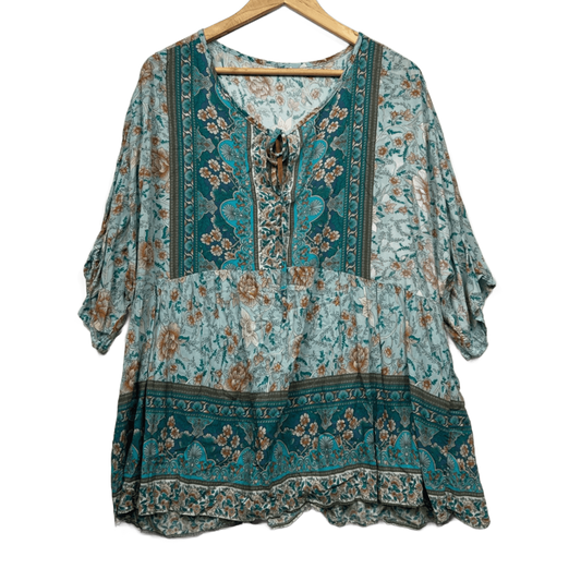 SHEIN Curve Boho Tunic Blouse Size 20 22 4XL Rayon Green Floral