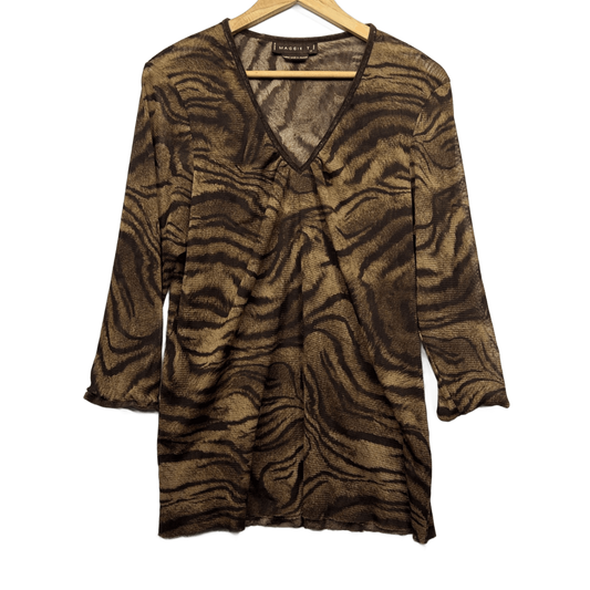 Vintage Maggie T Brown Mesh Top Size 18 Animal Print Sheer Y2K Long Sleeve