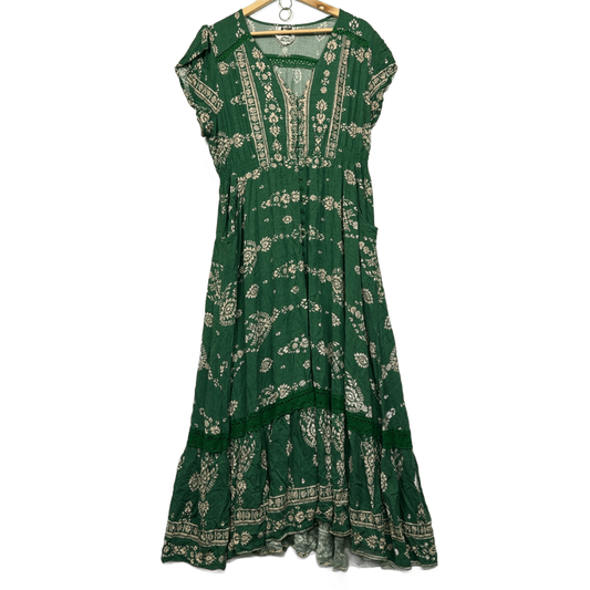 Jaase Boho Maxi Dress Size 20 Green Short Sleeve Long Length Pockets Crochet Trim