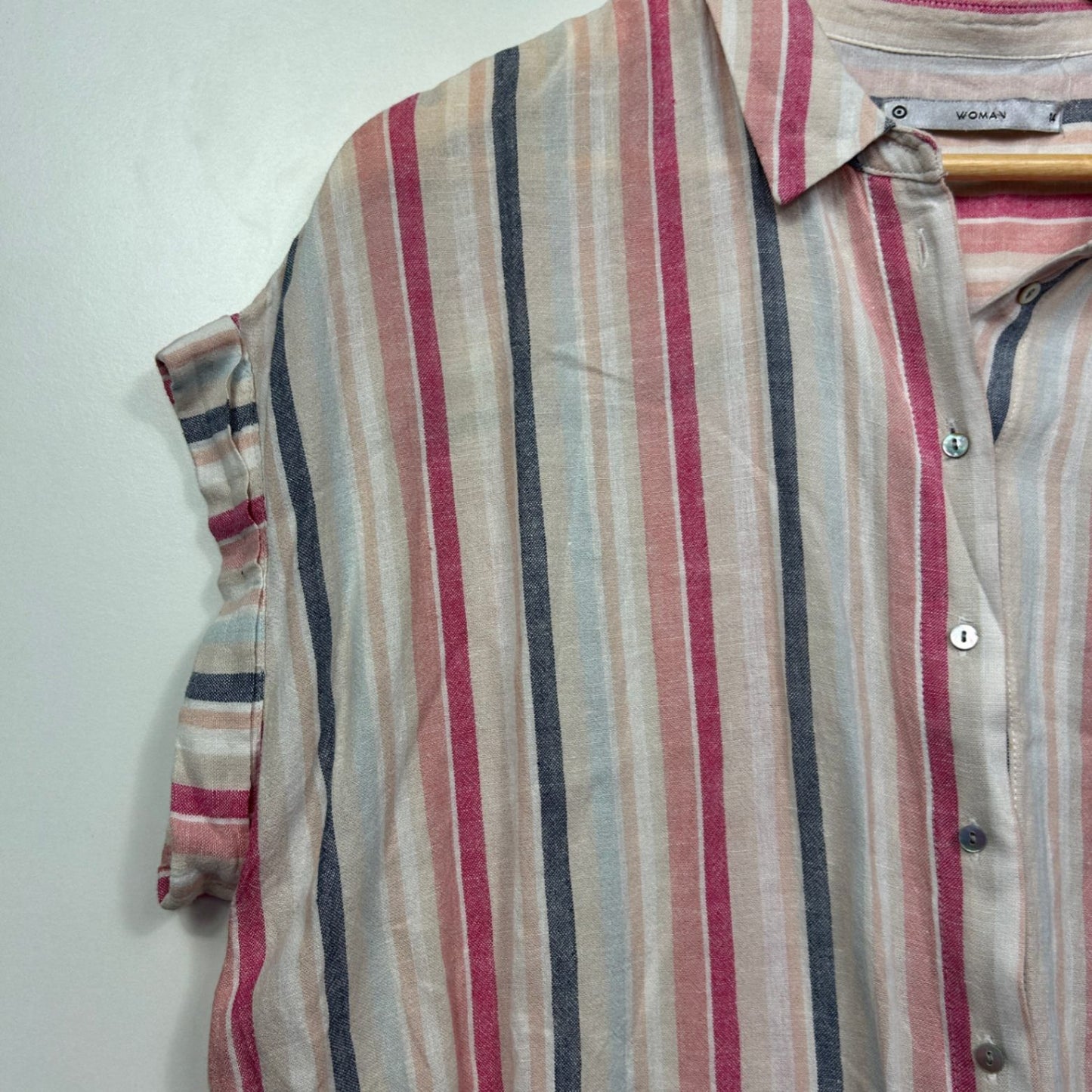 Target Linen Blend Top Size 14 Short Sleeve Button Up Striped