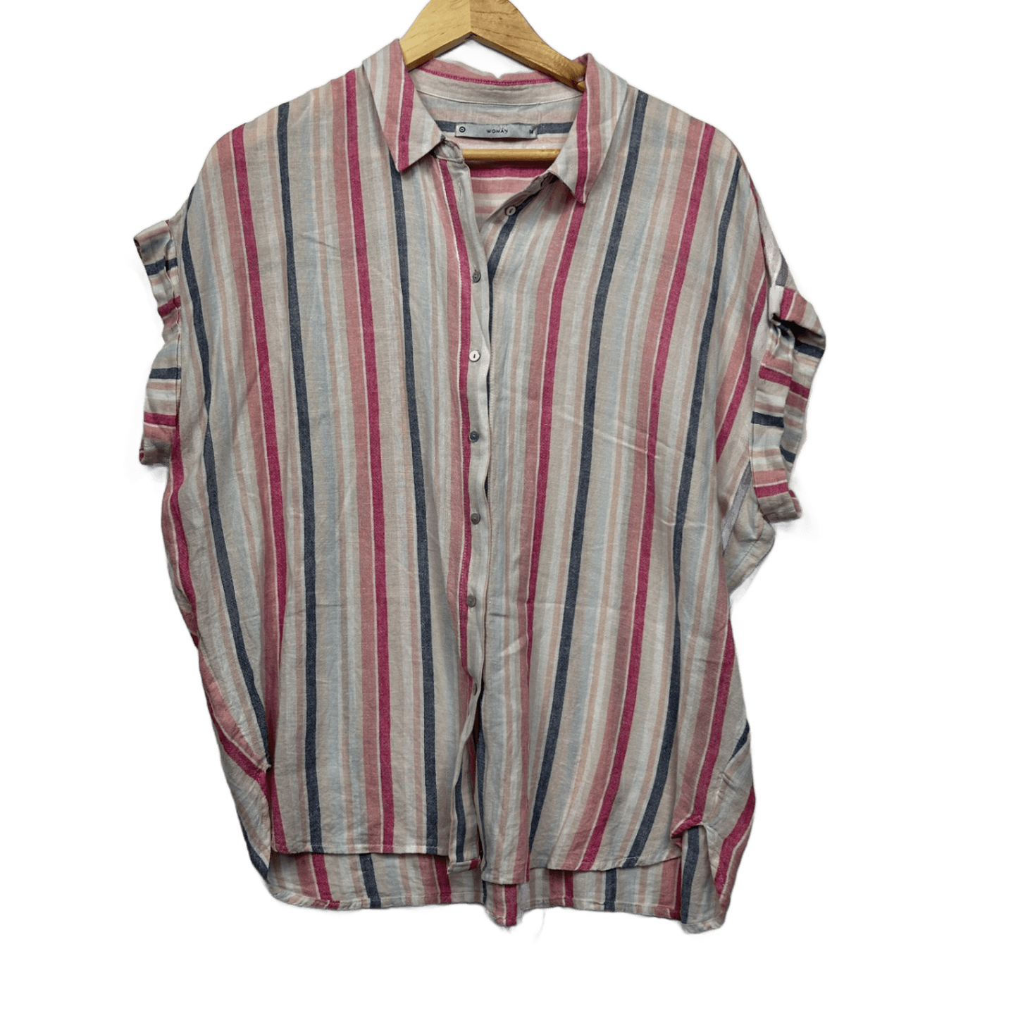 Target Linen Blend Top Size 14 Short Sleeve Button Up Striped