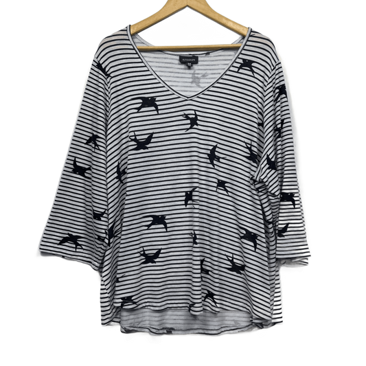 Autograph Top Size 24 Plus Blue White Striped Birds Long Sleeve