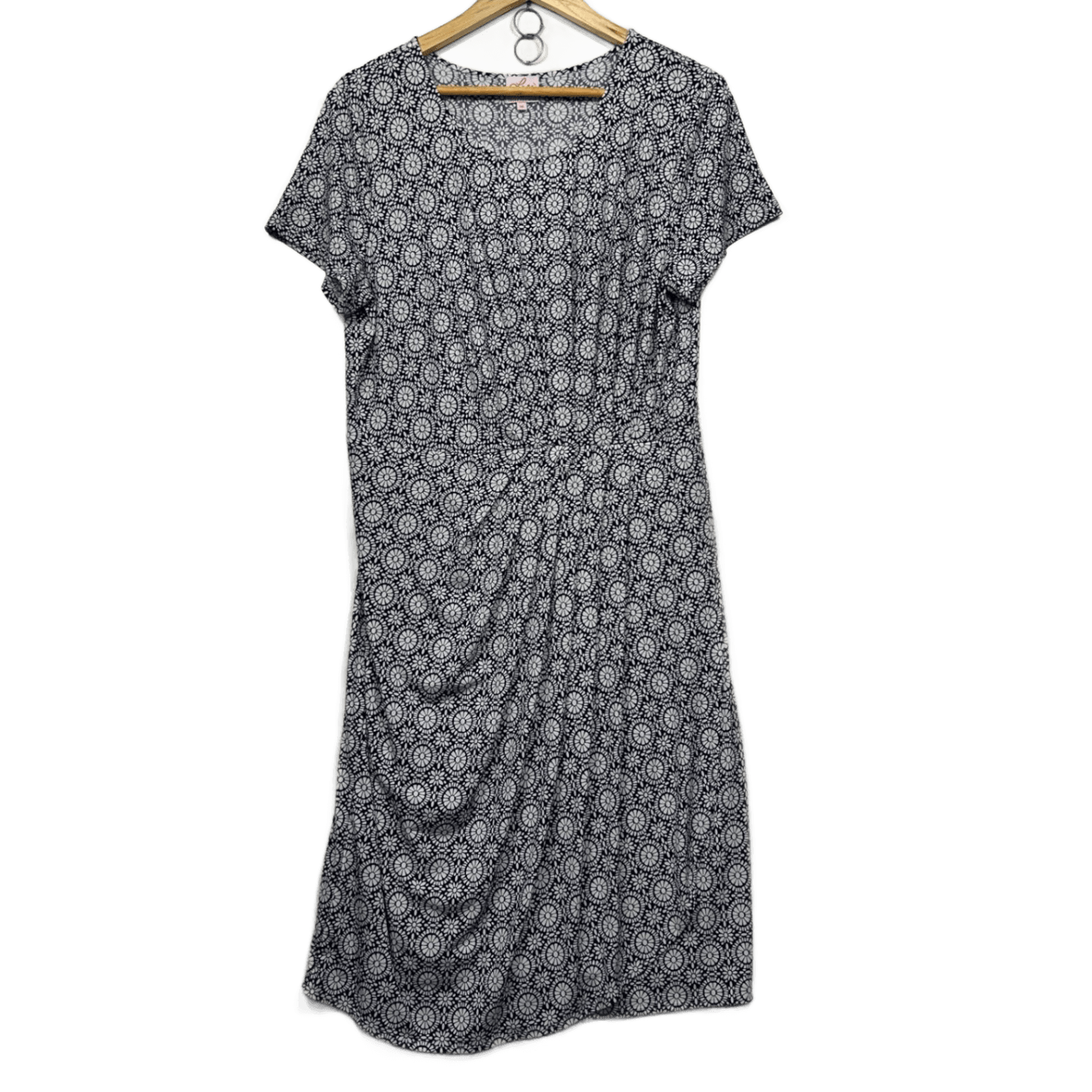Leona Edmiston Blue White Dress Size 16 Short Sleeve Draped Knee Length