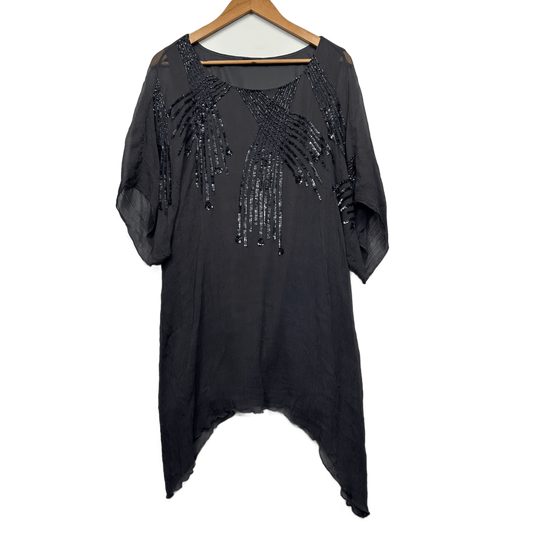 Eve Hunter Tunic Silk Top Size 20 Grey Sequins Short Sleeve Evening Occasional Cocktail