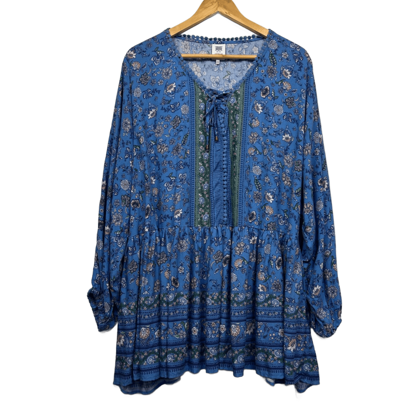 Rivers Boho Top Size 22 Long Sleeve Floral Blue Viscose
