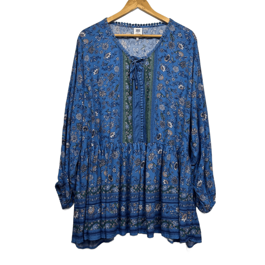 Rivers Boho Top Size 22 Long Sleeve Floral Blue Viscose