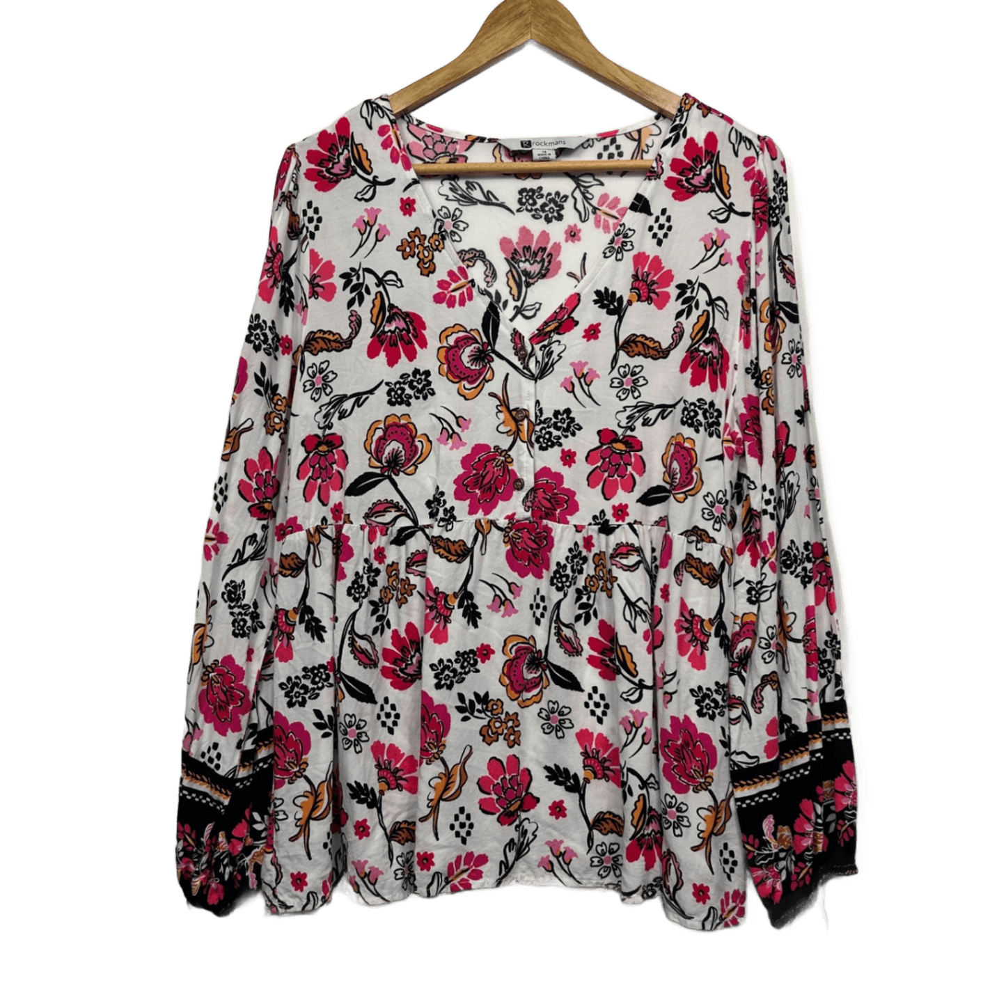 Rockmans Long Sleeve Blouse Size 16 Boho Floral Multicoloured