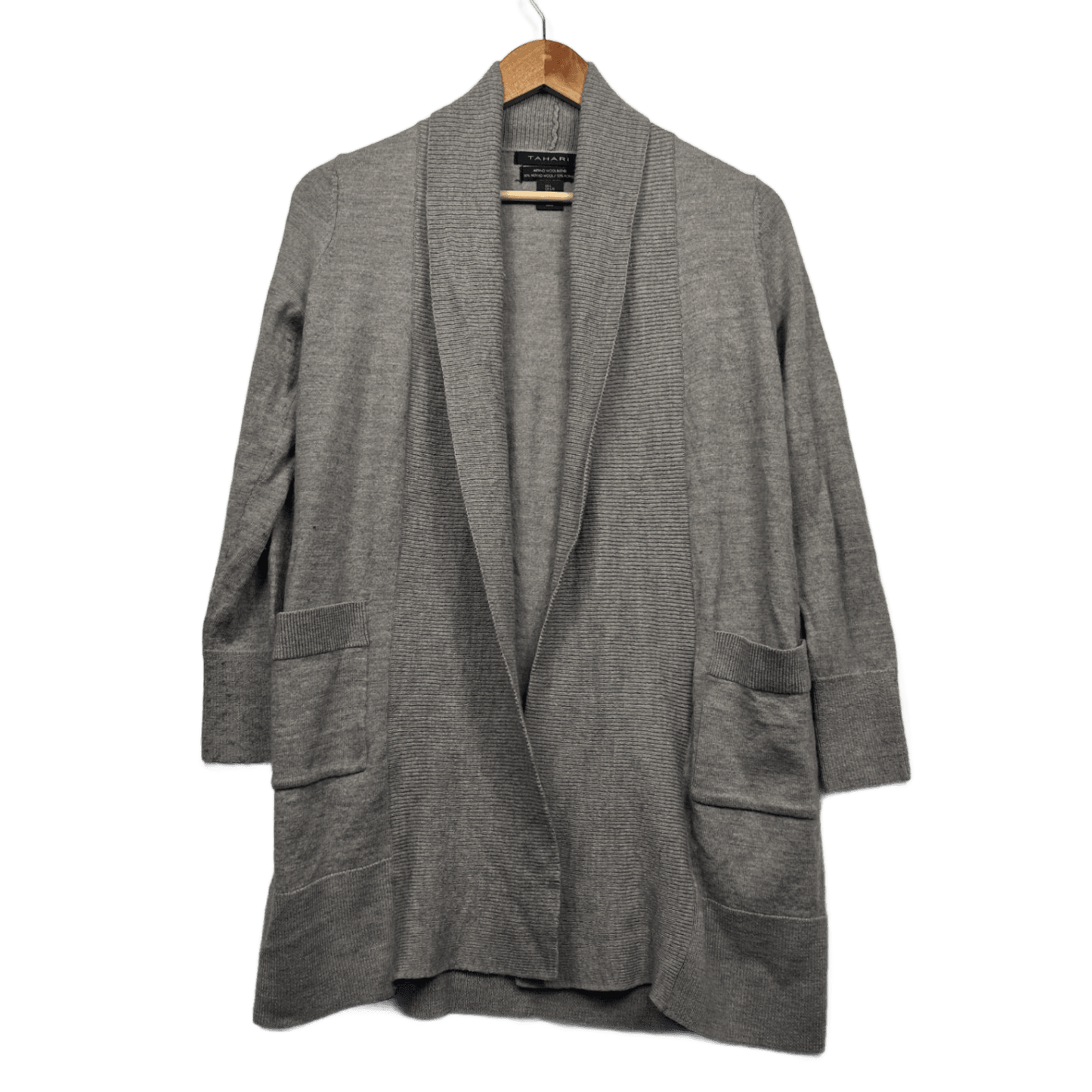 Tahari Merino Wool Blend Cardigan Jumper Size 14 16 Grey Long Sleeve Pockets