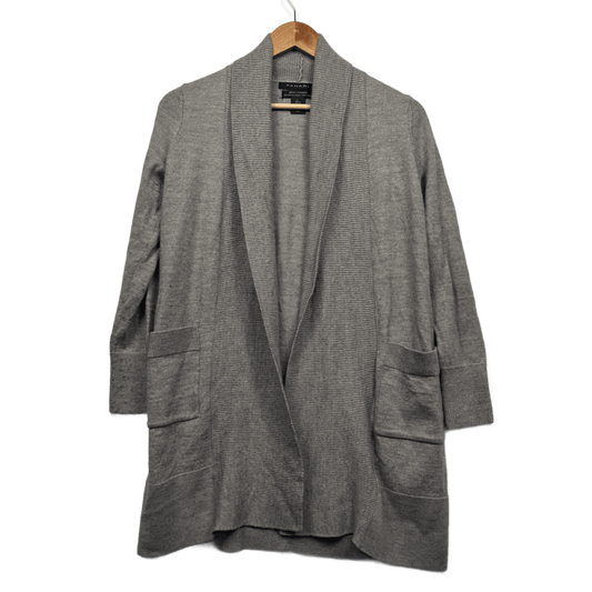 Tahari Merino Wool Blend Cardigan Jumper Size 14 16 Grey Long Sleeve Pockets