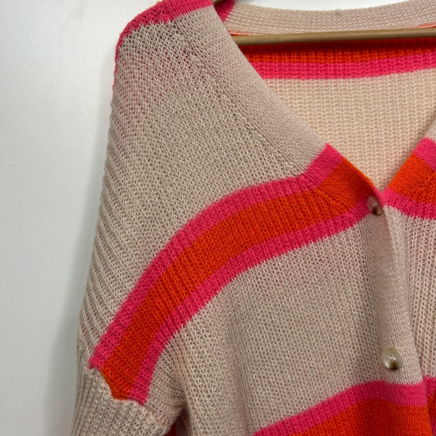 Striped Cardigan Size 14 16 Large Button Up Balloon Sleeved Knit Jumper V Neck