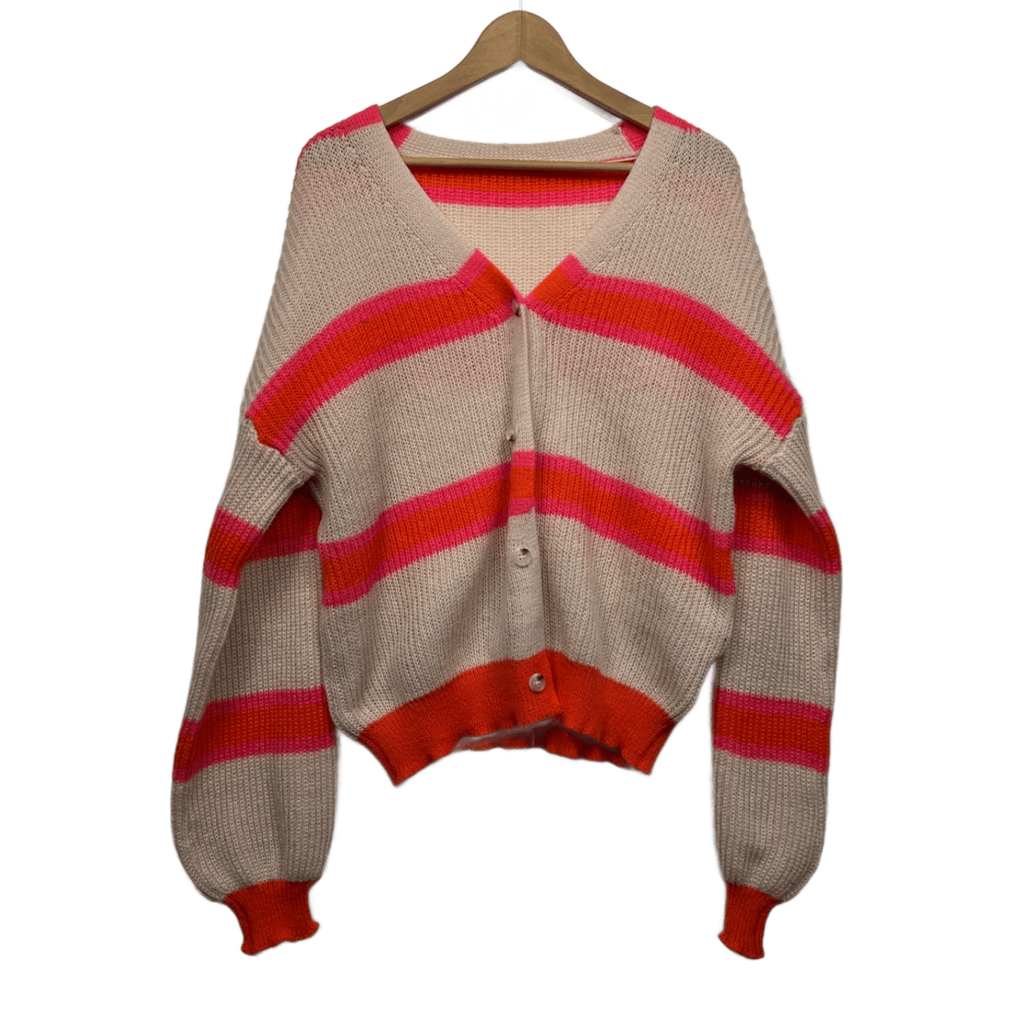 Striped Cardigan Size 14 16 Large Button Up Balloon Sleeved Knit Jumper V Neck