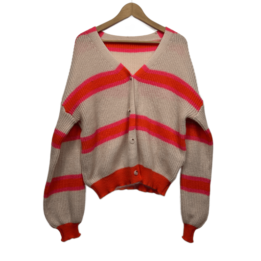 Striped Cardigan Size 14 16 Large Button Up Balloon Sleeved Knit Jumper V Neck
