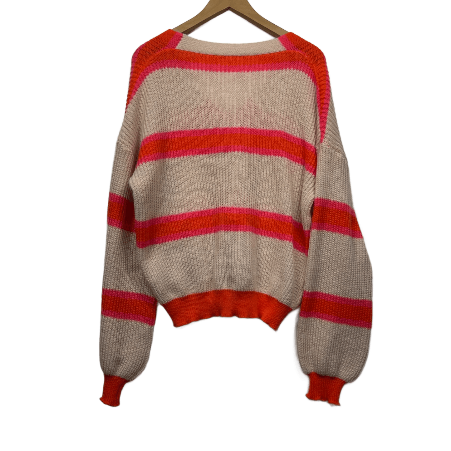 Striped Cardigan Size 14 16 Large Button Up Balloon Sleeved Knit Jumper V Neck