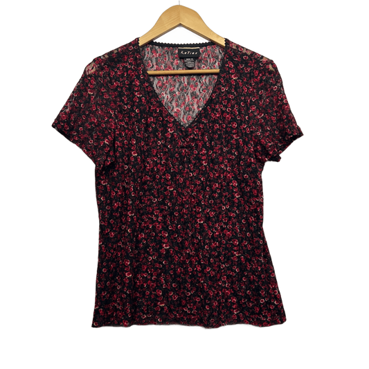 Vintage Katies Mesh Top Size 18 Short Sleeve Floral Red Black Y2K 90s