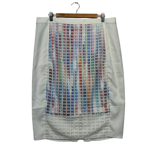 New Table Eight Pencil Skirt Size 16 White Multicoloured Mesh Grid Overlay