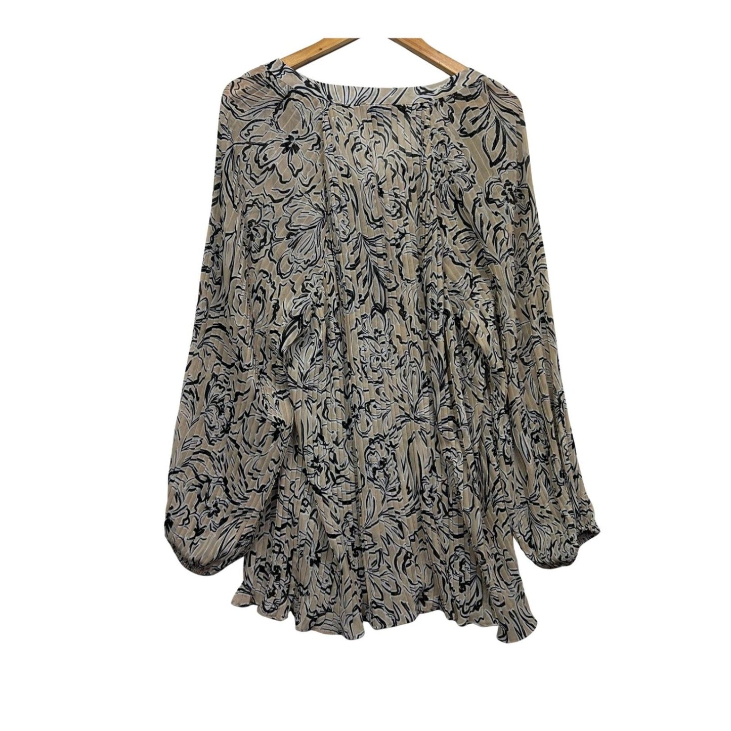 Autograph Blouse Top Size 22 Biege Black Floral Pleated Long Sleeve