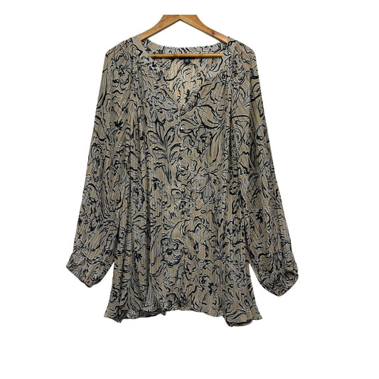 Autograph Blouse Top Size 22 Biege Black Floral Pleated Long Sleeve