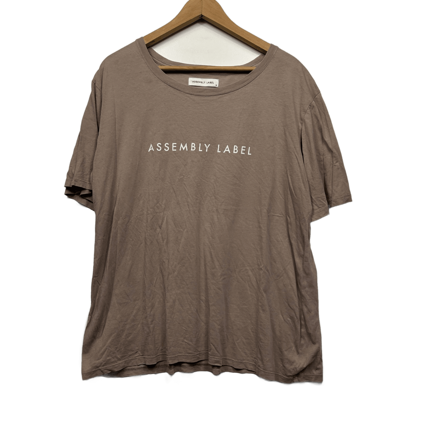 Assembly Label T-Shirt Size 14 Brown Short Sleeve 100% Cotton Logo Spellout