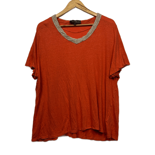 Maggie T Linen Blend Top Size 16 18 (2) Orange Metallic Trim Short Sleeve
