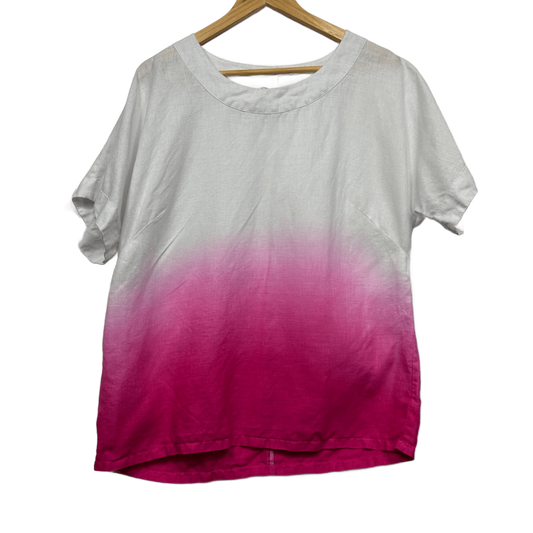 See Saw Linen Top Size 14 Pink White Ombre Short Sleeve