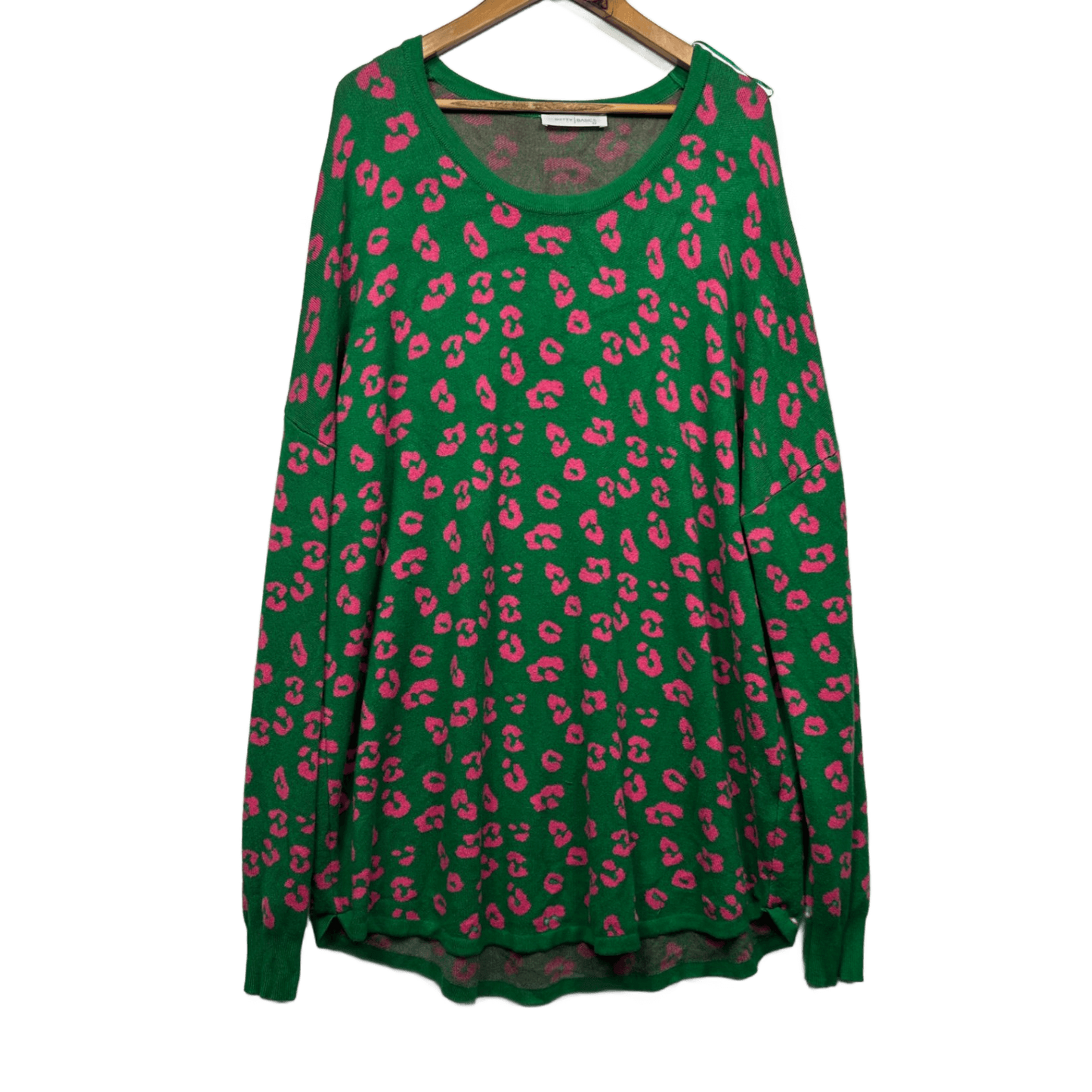Betty Basics Jumper Size 22 Green Pink Leopard Print Knit Sweater Viscose Blend