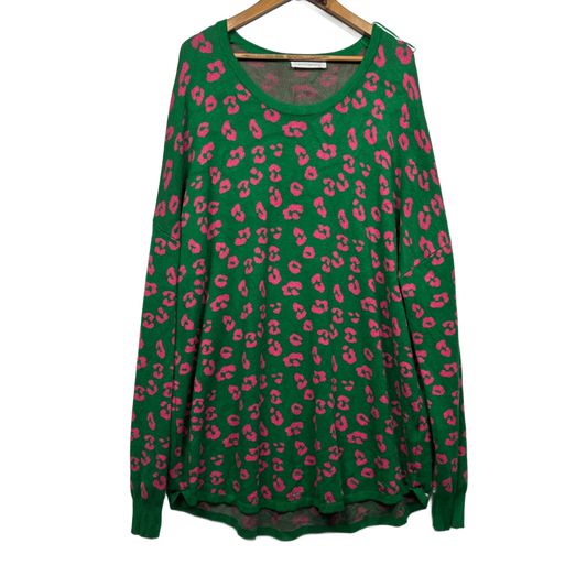 Betty Basics Jumper Size 22 Green Pink Leopard Print Knit Sweater Viscose Blend