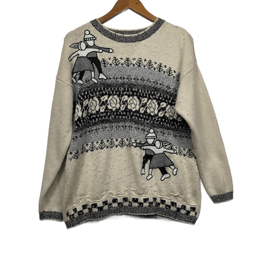 Vintage Katies Jumper Size 14 Cream Grey Wool Blend Skater Winter Retro Fair Isle