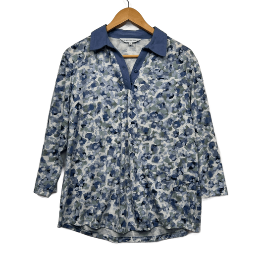 Black Pepper Collared Top Size 14 Blue Floral Long Sleeve Cotton Blend