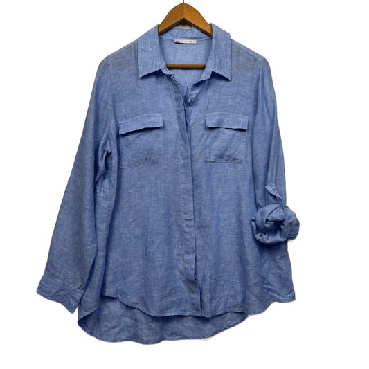 Target Linen Shirt Top Size 16 Blue Button Up Roll Tab Sleeve