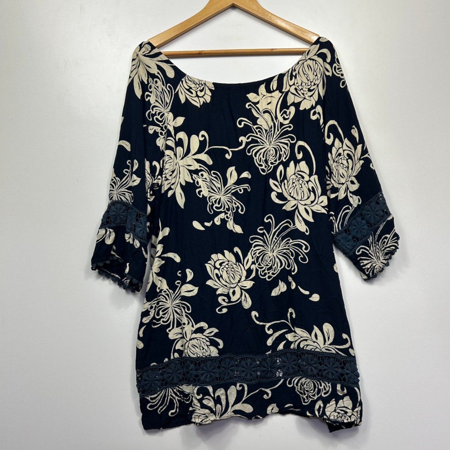 Navy Floral Rayon Long Sleeve Short Length Tunic Dress Size 14 Large
