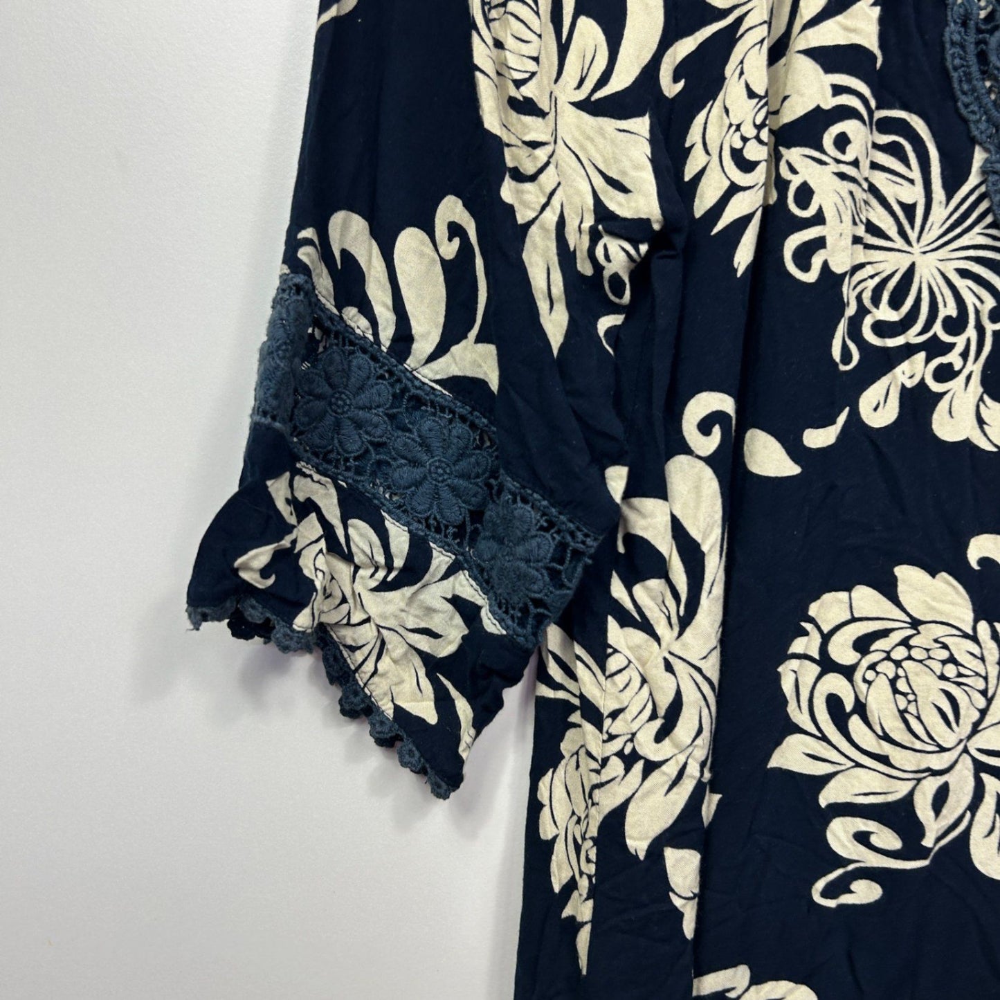Navy Floral Rayon Long Sleeve Short Length Tunic Dress Size 14 Large