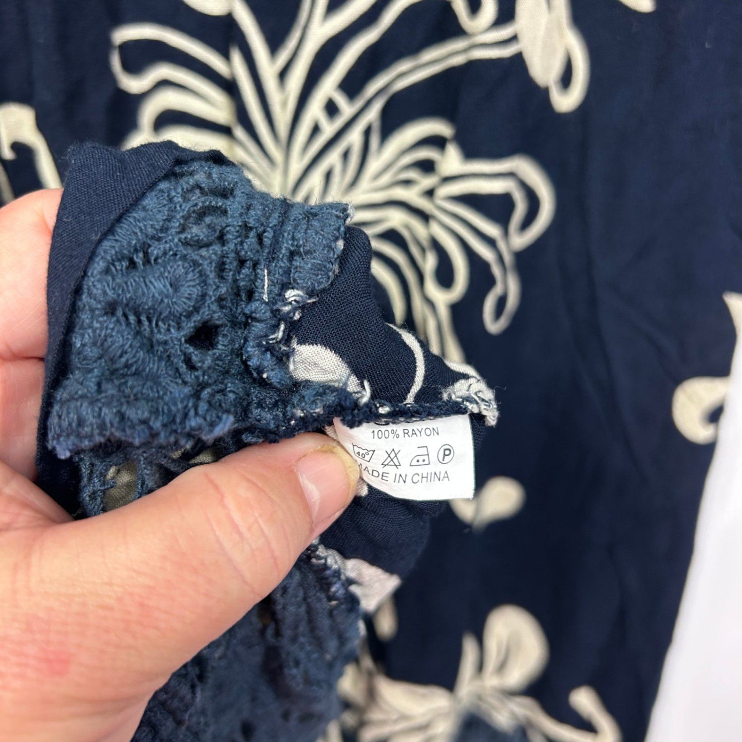 Navy Floral Rayon Long Sleeve Short Length Tunic Dress Size 14 Large