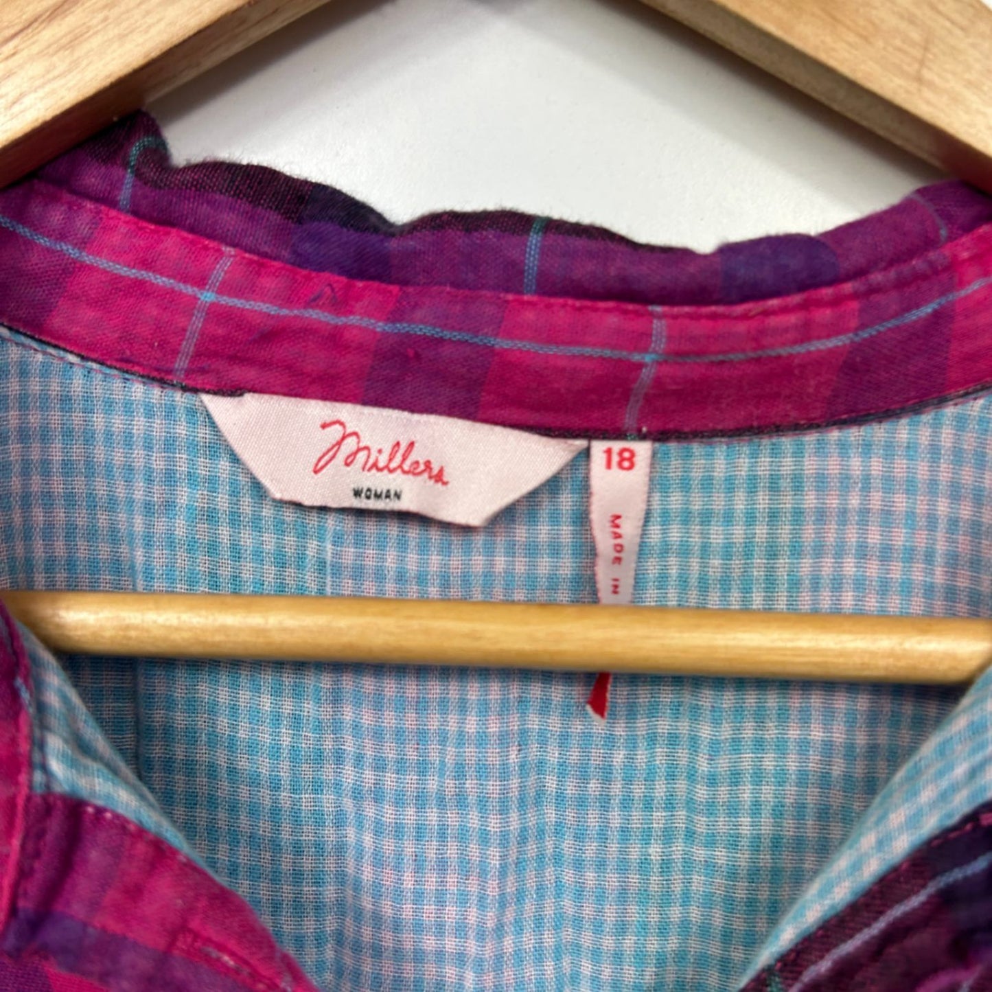 Millers Size 18 Pink Purple Plaid Check Button Front Casual Shirt 3/4 Sleeve