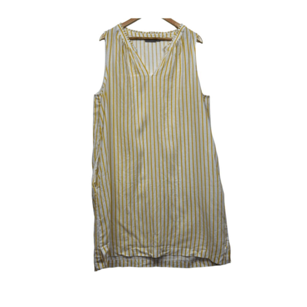 Sussan Linen Dress Size 18 Yellow White Sleeveless Midi Pockets Striped Shift Size 18