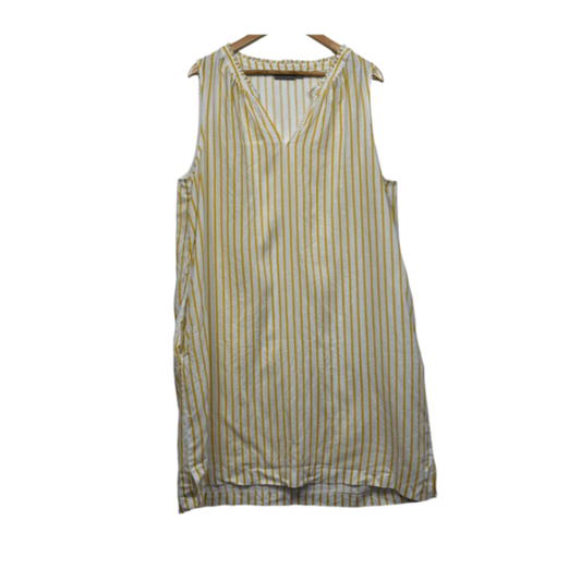 Sussan Linen Dress Size 18 Yellow White Sleeveless Midi Pockets Striped Shift Size 18