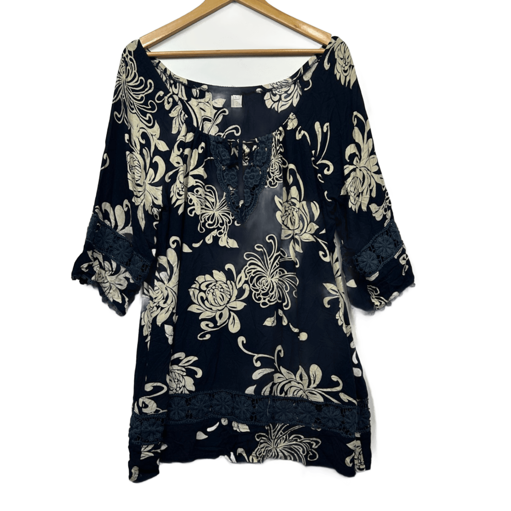 Navy Floral Rayon Long Sleeve Short Length Tunic Dress Size 14 Large