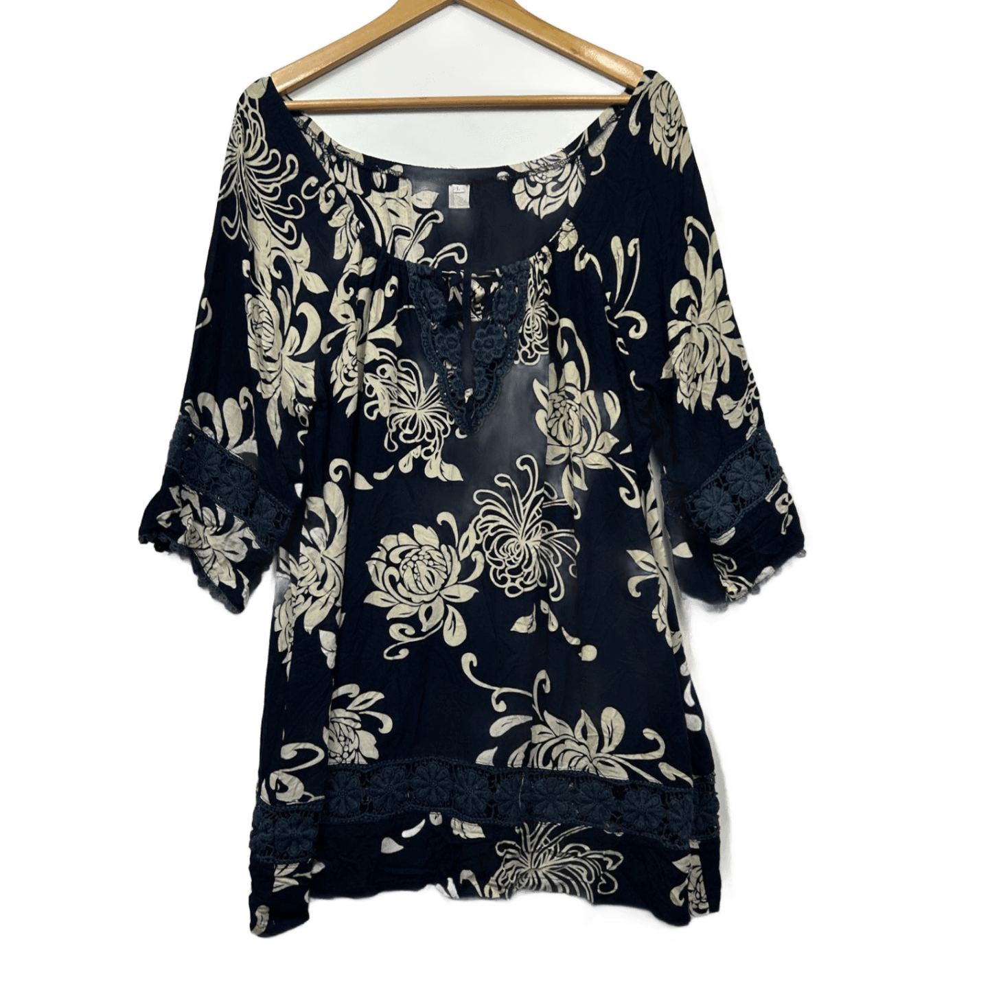 Navy Floral Rayon Long Sleeve Short Length Tunic Dress Size 14 Large