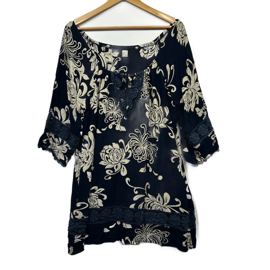 Navy Floral Rayon Long Sleeve Short Length Tunic Dress Size 14 Large