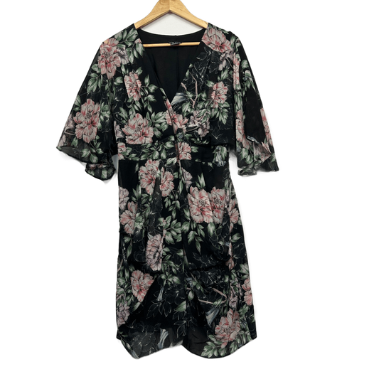 City Chic Midi Dress Size 16 Small Plus Floral Black Short Sleeve