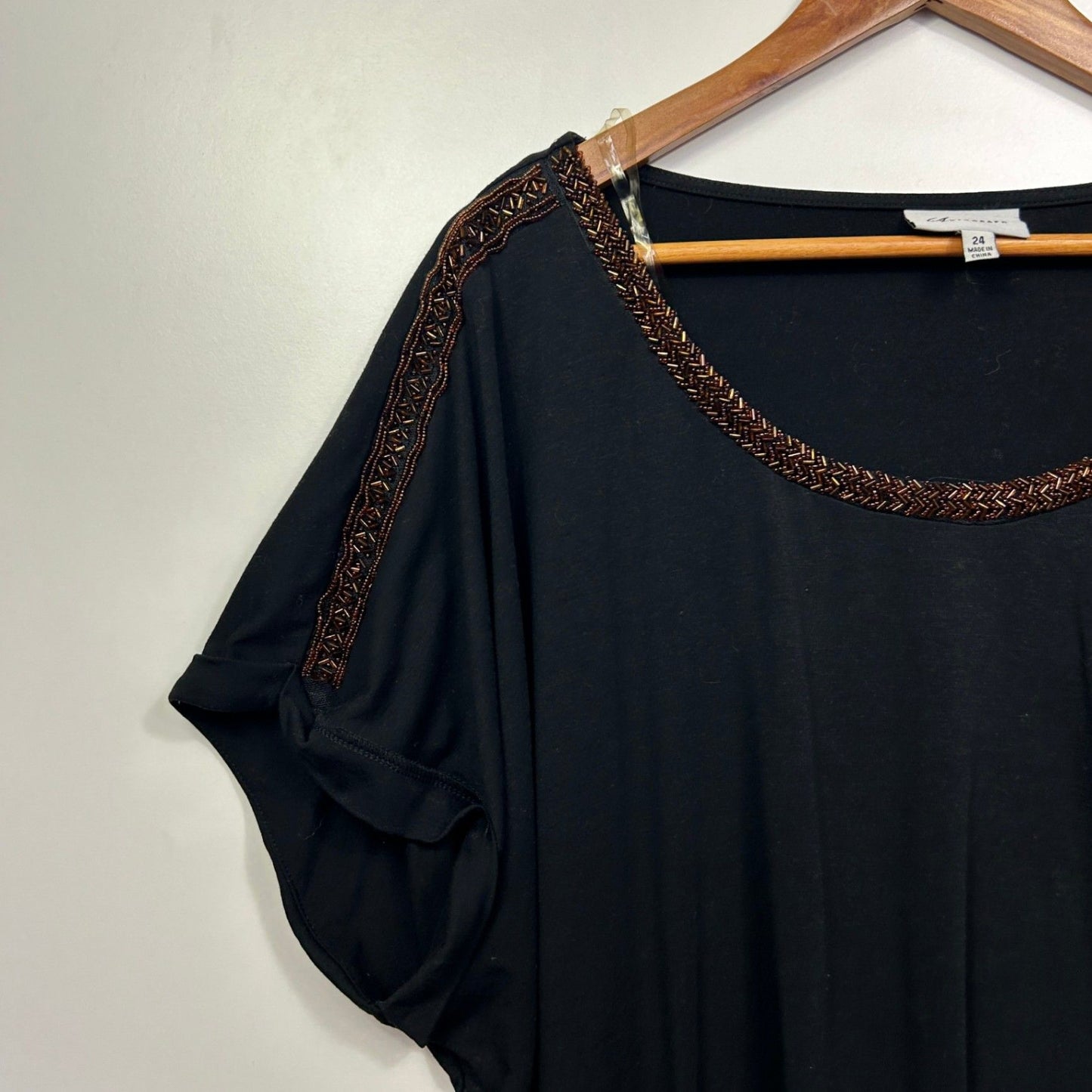 Autograph Tunic Top Size 24 Plus Black Short Sleeve Sequins Beaded
