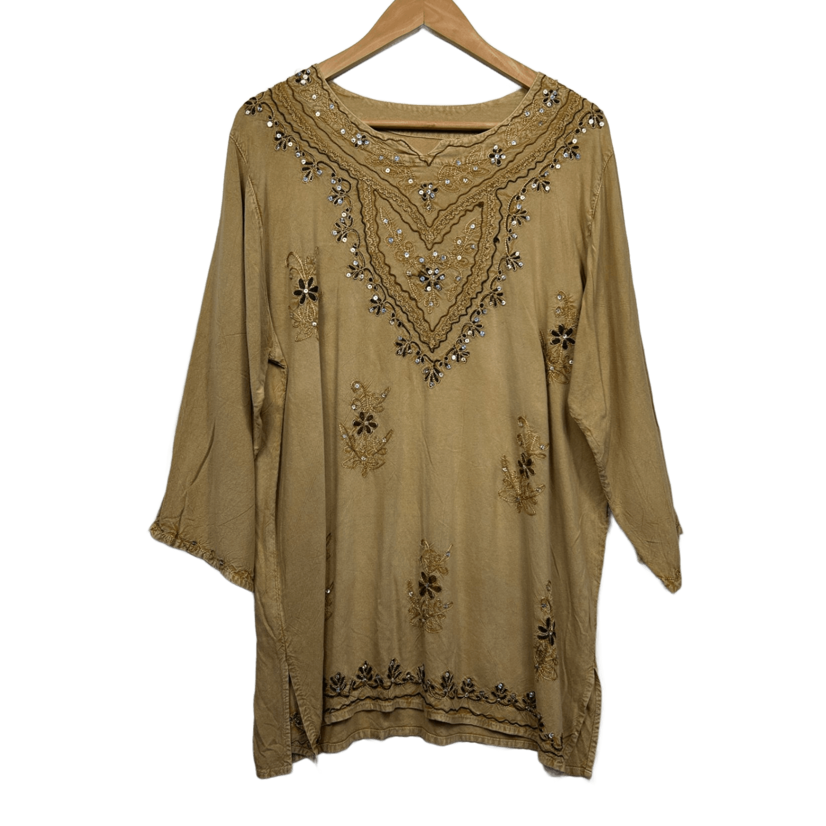 Boho Top Size 16 Biege Sequins Long Sleeve Hippie Festival Embroidered
