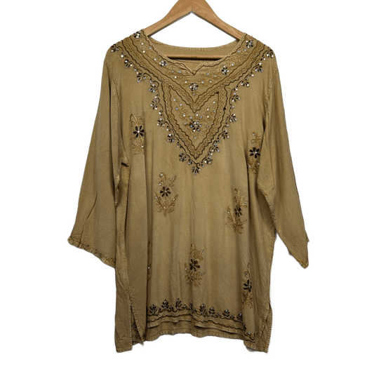 Boho Top Size 16 Biege Sequins Long Sleeve Hippie Festival Embroidered