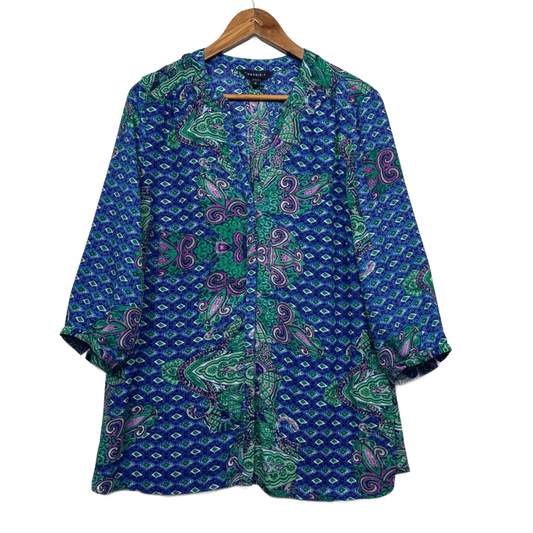 Maggie T Blouse Top Size 16 Blue Long Sleeve Paisley Print Pleated Polyester