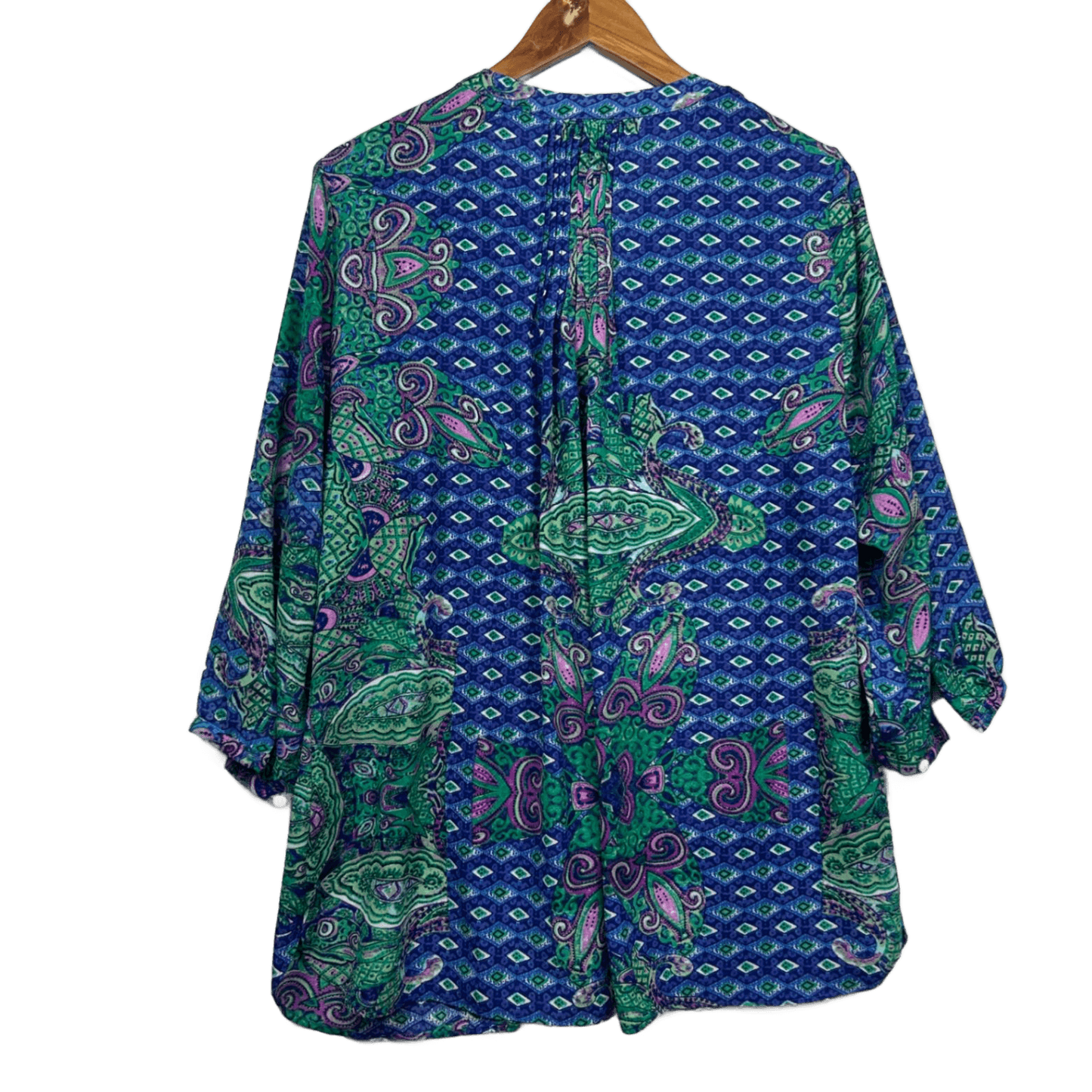 Maggie T Blouse Top Size 16 Blue Long Sleeve Paisley Print Pleated Polyester