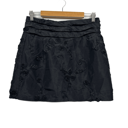 Vintage Review Skirt Size 14 Black Y2K Floral Appliqué Embroidered Evening