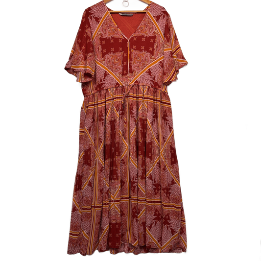 Katies Short Sleeve Maxi Dress Size 20 Orange Patchwork Print Lined Cocktail