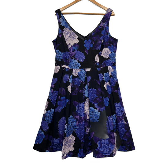 City Chic Fit & Flare Dress Size 16 Sleeveless Purple Black Floral Cocktail