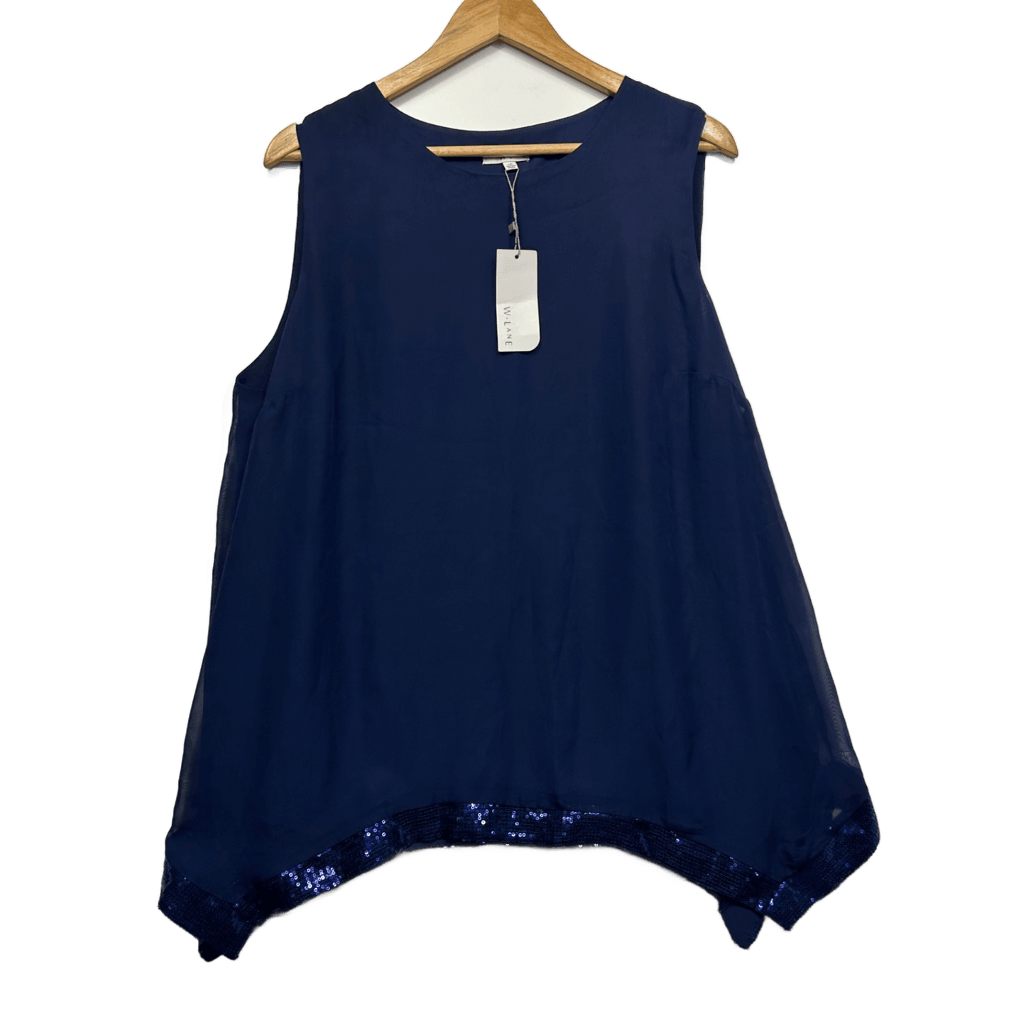 New W Lane Navy Blue Round Neck Sequin Trim Sleeveless Top Blouse Size 16
