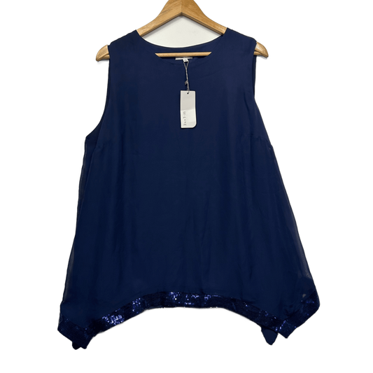 New W Lane Navy Blue Round Neck Sequin Trim Sleeveless Top Blouse Size 16