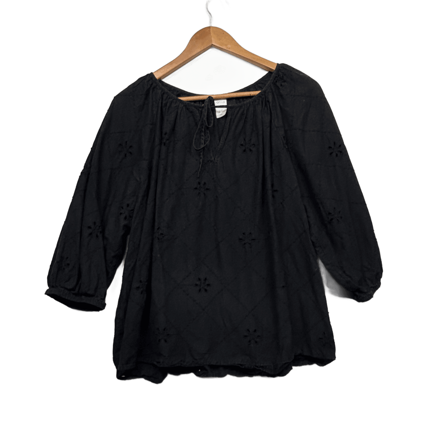 Anko Embroidered Peasant Top Size 16 Black 3/4 Sleeve 100% Cotton